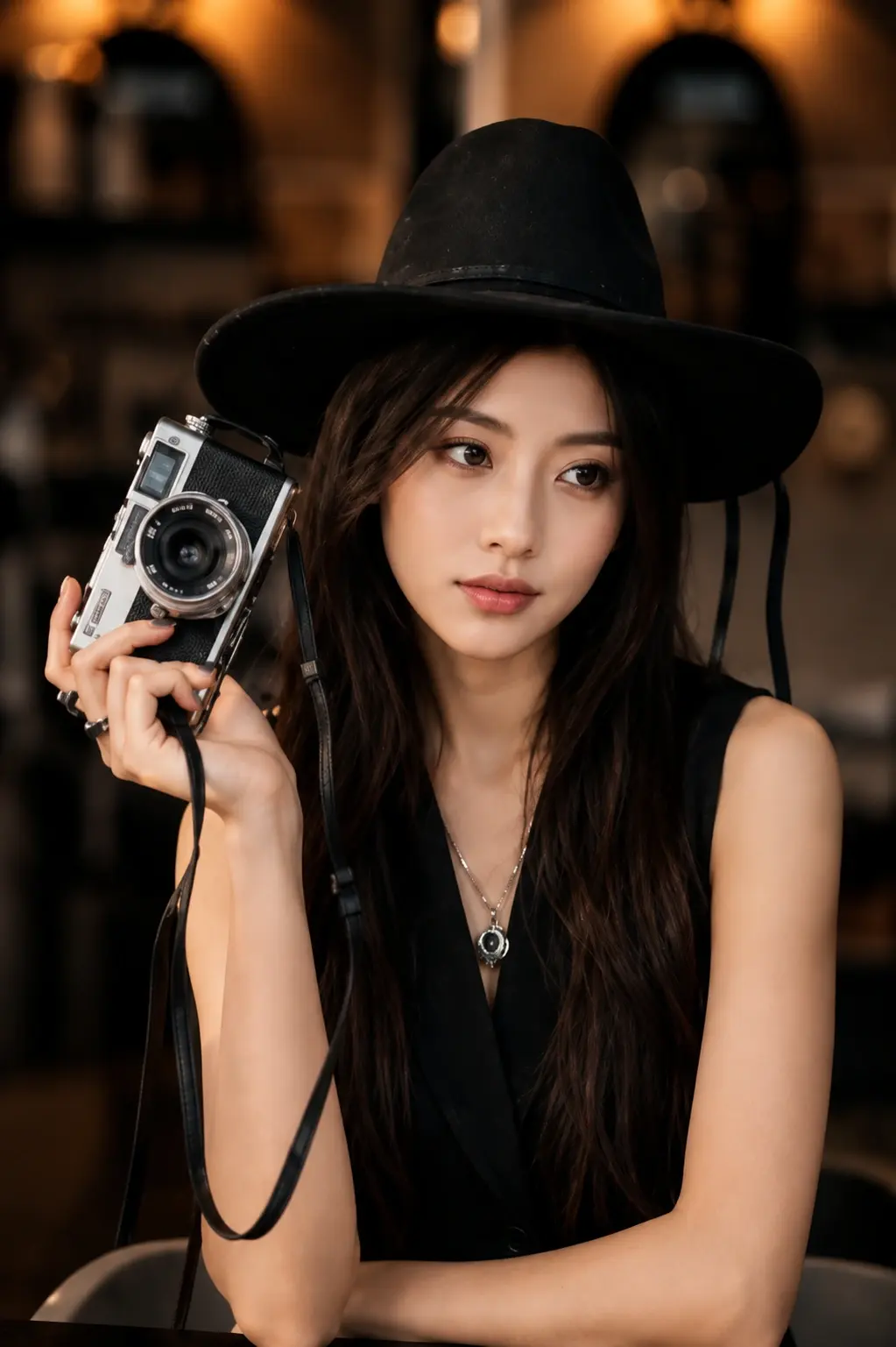 Poses with a camera