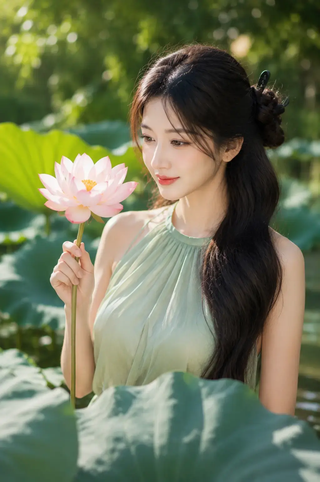 Dáng chụp với hoa sen